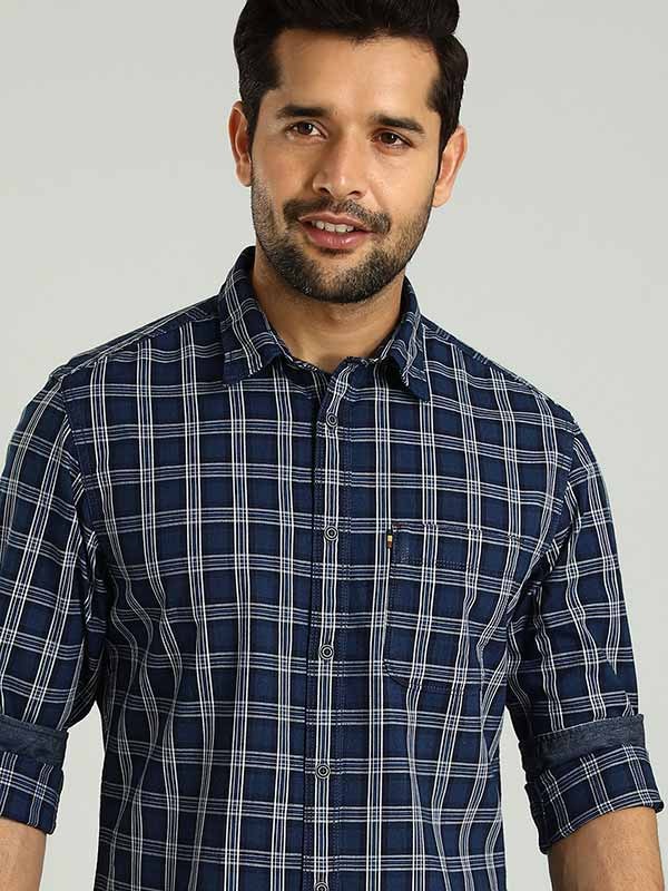 Indian Terrain Men's Slim Fit Full Sleeve Checkered Dark Blue Shirt